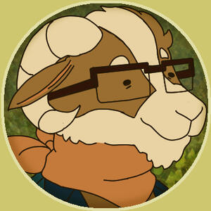 A digital drawing of a goat / ram with square glasses wearing an orange bandana.